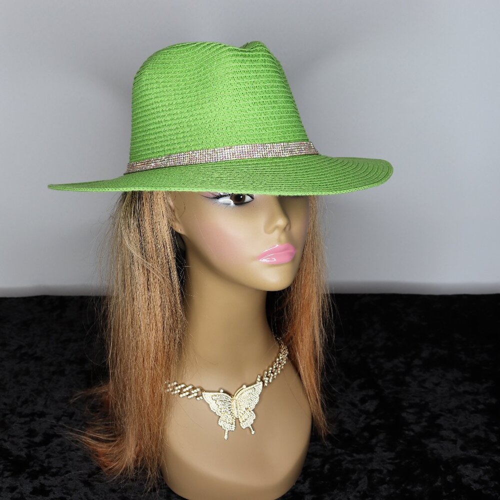 Women's Green Straw Hat with Rhinestone Crown